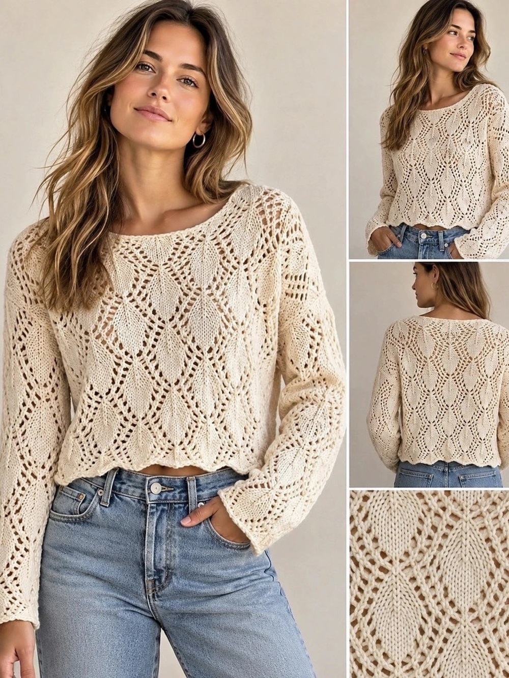 Natural Life Cream Crochet Open Knit Cotton Sweater Boho Leaf Size S Like New